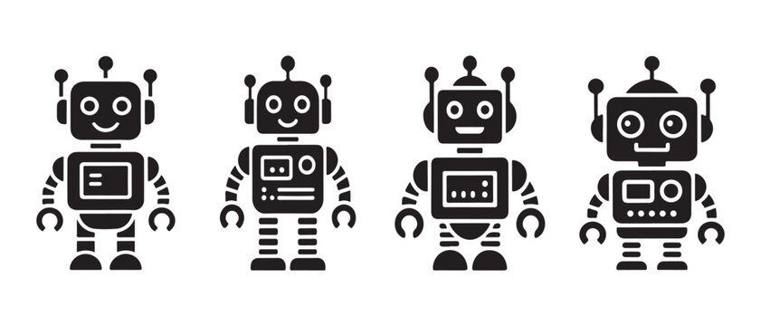 Set of four cute retro robot character icons. isolated on a white background in a flat vector style.
