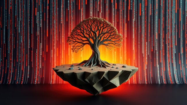 Digital tree grows from floating platform. Matrix style background creates dramatic, futuristic scene. Warm lighting emphasizes form.
