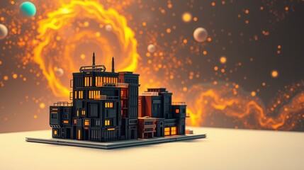 Obraz premium Futuristic city structure glows amidst cosmic nebula. Minimalist design, warm lighting, planets visible. Space scene evokes wonder.
