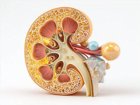 Human kidney nephron anatomy illustration showing renal cortex cross section with glomerular vascular detail tubular architecture and cortical medullary cellular organization in warm amber gold tones 
