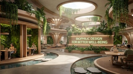 Obraz premium Biophilic design office space with green walls and plants, people working at desks around a serene water feature