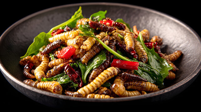 Stir fried silkworm pupa with garlic, chili and leafy greens served in dark bowl, savory Asian snack with glossy oil and crisp texture