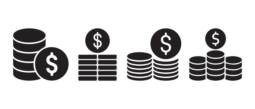 Set of black coin stack icons. representing financial savings and investment growth on white background.
