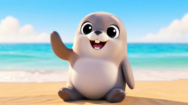 Animated 3D cartoon seal pup waving its flipper on a sunny beach background