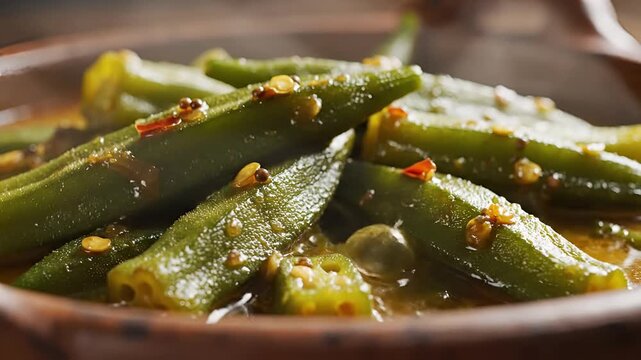 Delicious Okra Stew with Spices in a Rustic Bowl.