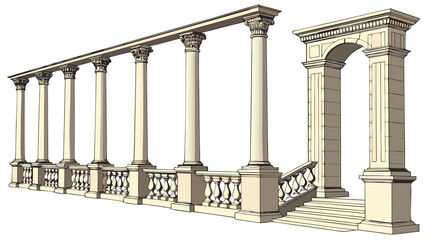 Fototapeta premium Vector illustration of an ancient classic colonnade with marble columns and archway colonnade architecture