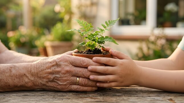 Close up of senior and child hands holding a small green plant in pot, multi generational family gardening, sustainability and hope concept