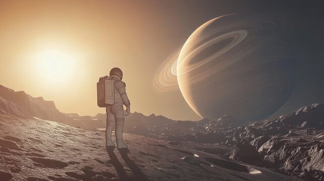 Astronaut standing on alien planet surface with massive ringed planet