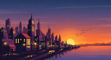 Obraz premium Modern city skyline at sunset along a coastal road