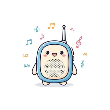 Cute cartoon illustration of a smiling face with musical notes and symbols.