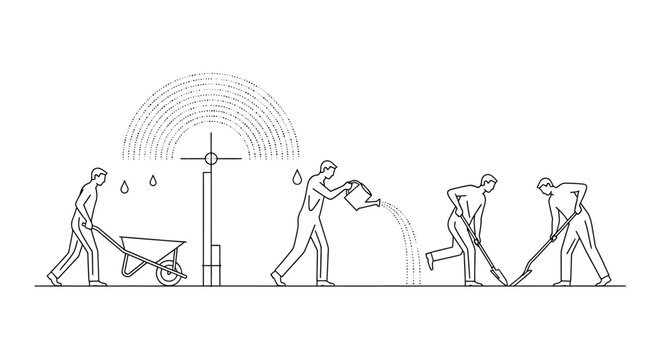 gardening agriculture farming cultivation men working pushing wheelbarrow watering digging illustrating teamwork and growth process.