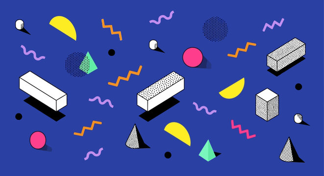 retro abstract geometric shapes pattern background with 3d render objects