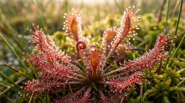 Close-up of a vibrant red sundew plant with glistening tentacles in a natural bog environment.