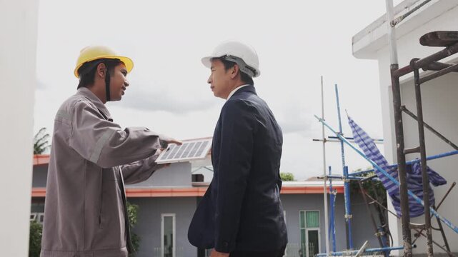 Contractors standing inside unfinished property discussing renovation work and construction progress on site.