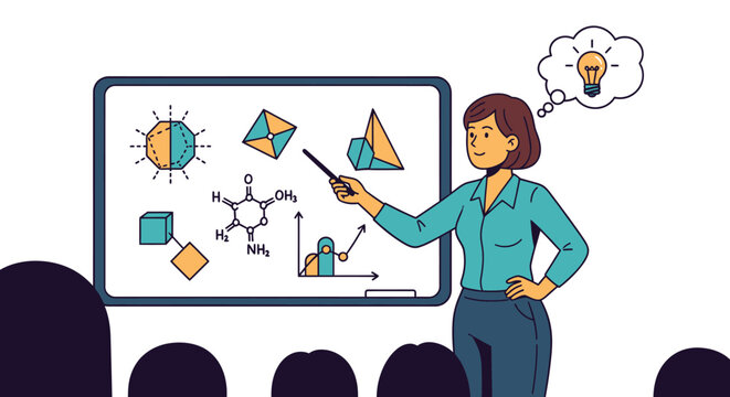 Teacher presenting educational diagrams on a whiteboard with thought bubble illustration