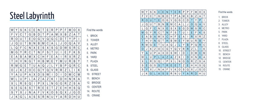 Steel labyrinth puzzle with clue list on white background  