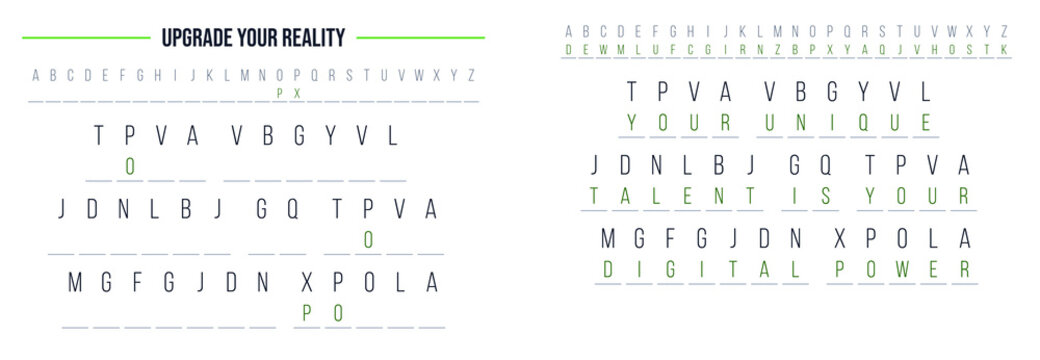 Crypto substitution puzzle with solved answers on white background  