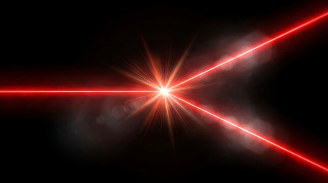 Red Laser Beams Splitting and Intersecting with Bright Light Flare on Black Background