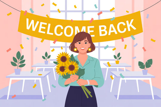 Welcome back celebration banner with happy woman, cheerful office homecoming event with sunflowers, festive workplace reopening with confetti