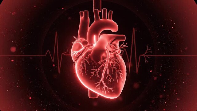 Red Glowing Anatomical Heart and Pulse Trace Cardiology Looped Background