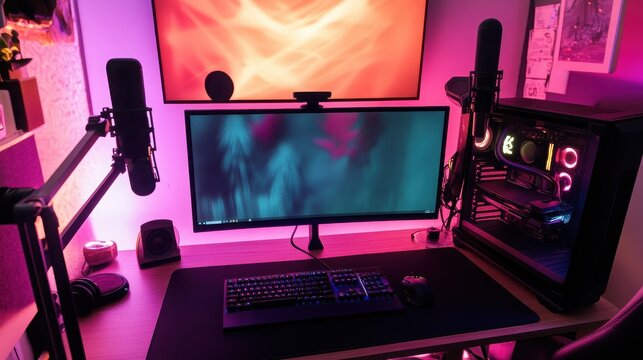 Home podcast recording studio setup with computer and microphone