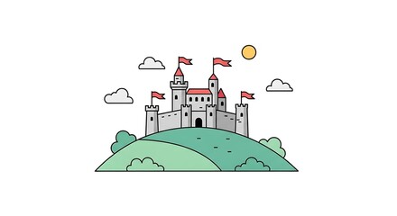 Fantasy castle on green hill landscape.