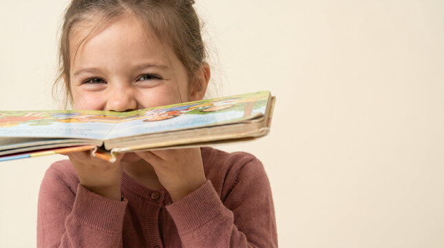 Playful Young Girl Peeking Over Open Book on Beige Background