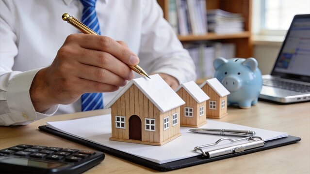 Real estate financing concept with miniature houses, businessman signing mortgage contract on clipboard, property investment and home loan approval process, financial planning for