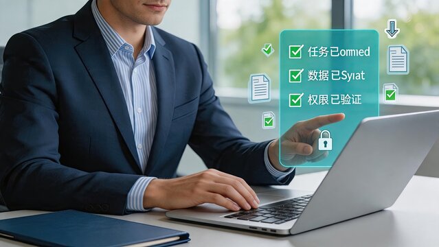Digital task management verification showing businessman using laptop with virtual checklist interface, completed tasks data synchronization and permission validation icons,