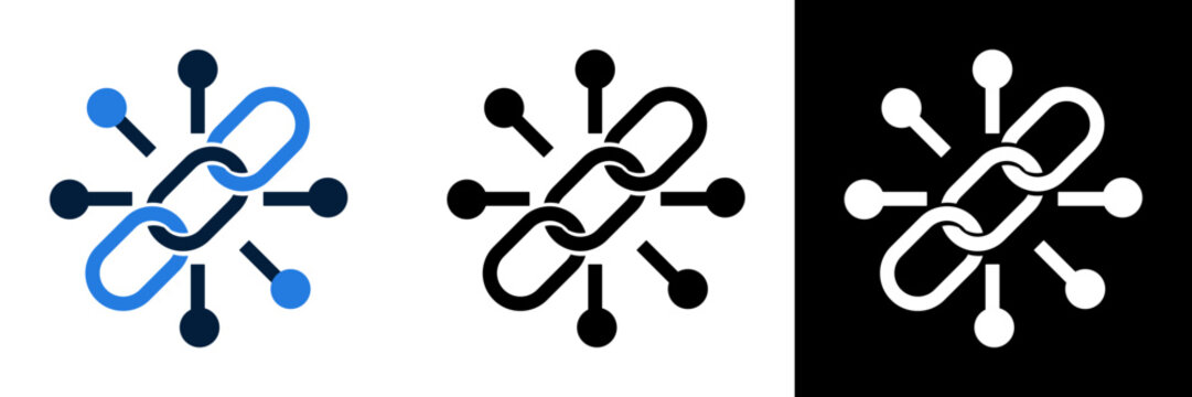 Blockchain Technology Icon - Decentralized Network and Secure Data Linkage.