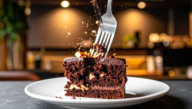Fork cutting into a moist slice of rich chocolate cake on a white plate with crumbs flying