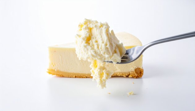 Fork gently breaking into a slice of soft, fluffy Japanese cheesecake, showcasing its creamy texture.
