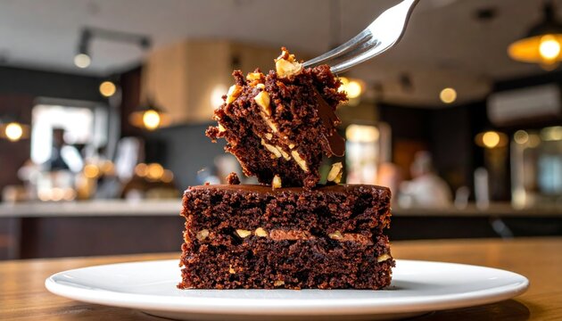 Fork lifting a rich slice of moist German chocolate cake with coconut filling and frosting, revealing layers of indulgence.