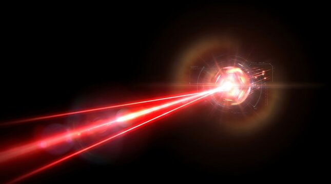 Bright Red Laser Beam Splitting and Emitting Light Flare Against Dark Background