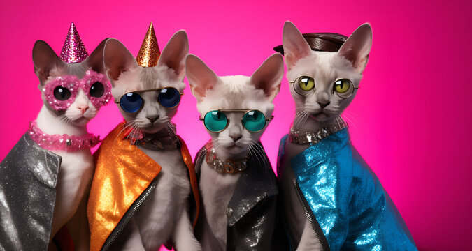 Creative animal concept. Group gang of devon rex cat kitten kitty in neon bright sparkly rock punk colour outfit. copy text space. commercial, editorial advertisement party invitation invite