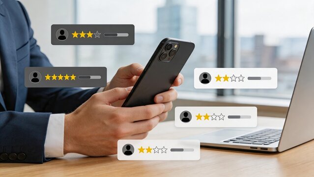 Customer review and rating concept with star feedback icons on smartphone screen, showing positive and negative opinions, online reputation management and user experience