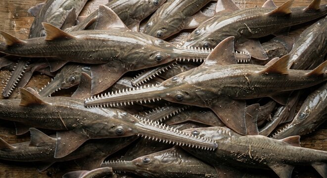 Freshly caught sawfish grouping lying on a wooden surface displaying their distinctive toothed rostrums in a high angle overhead view for marine biology studies