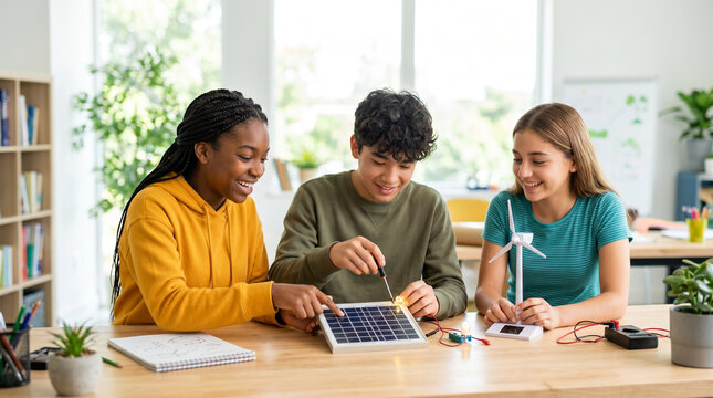 Three young students learning about sustainable energy in classroom  