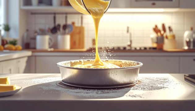 Golden cake batter being poured into a greased pie dish for home baking