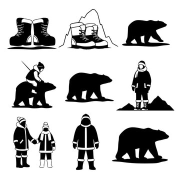 Arctic Expedition and Wildlife Silhouette Icon Set