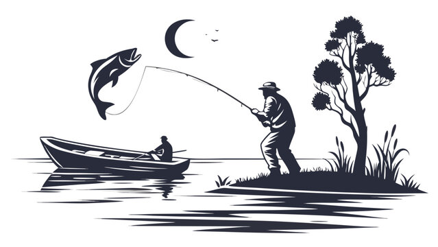 Vector illustration of a fisherman on a small boat catching a leaping fish at night with fisherman, recreation