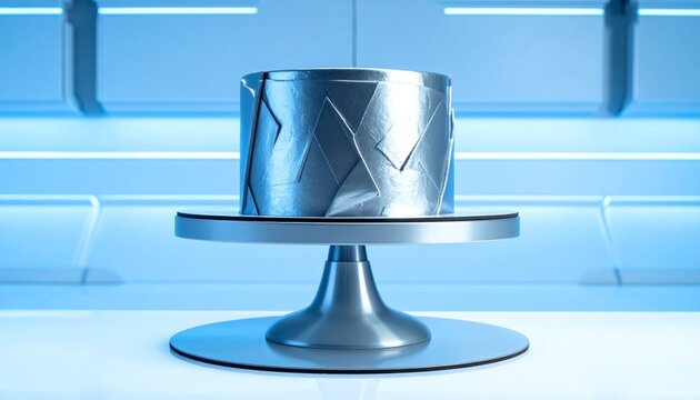 Futuristic metallic cake with silver frosting and sharp geometric patterns presented on a sleek display stand