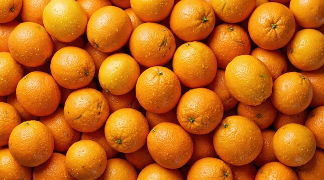 Fresh ripe oranges with water droplets background featuring vibrant citrus fruit texture packed closely together for a healthy natural organic food concept