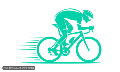 Fototapeta premium Turquoise silhouette of a professional cyclist in aerodynamic pose riding a racing bicycle with speed lines vectors design,fully customized and eddtibel