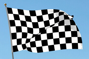 Obraz premium Black and white checkered flag flutters against a clear blue sky. Wind carries the flag with dynamic motion.