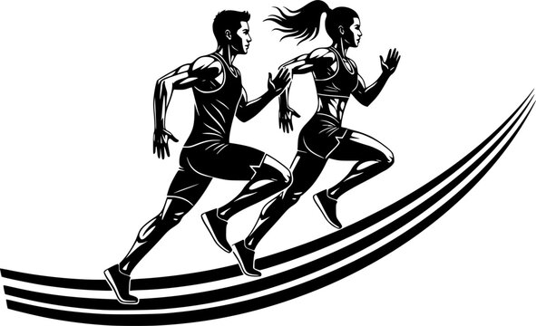 Running man and woman, isolated vector silhouettes. Run, side view. Silhouettes of athletic looking male and female runners running. Transparent EPS version.