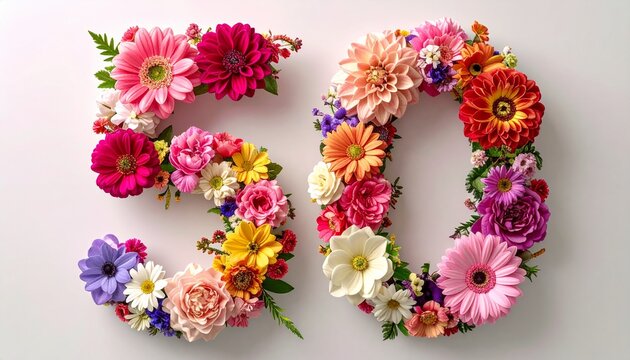 A colorful floral arrangement forms the number 50 on a plain surface
