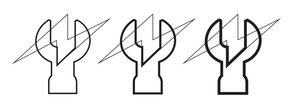 Minimalist electric wrench logo set, industrial lightning bolt and spanner icons, black line art electrical repair symbols for technical service branding