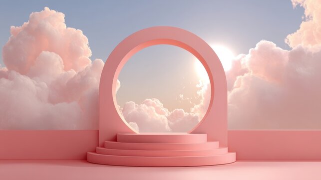 Pastel pink product display podium with circular arch and dreamy cloud sky background
