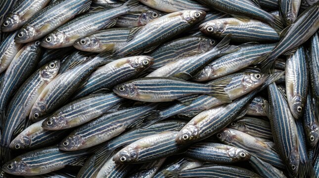 Abundant school of striped zebra fish swimming together in a dense pattern creating a dynamic texture of silver and blue scales in clear freshwater environment